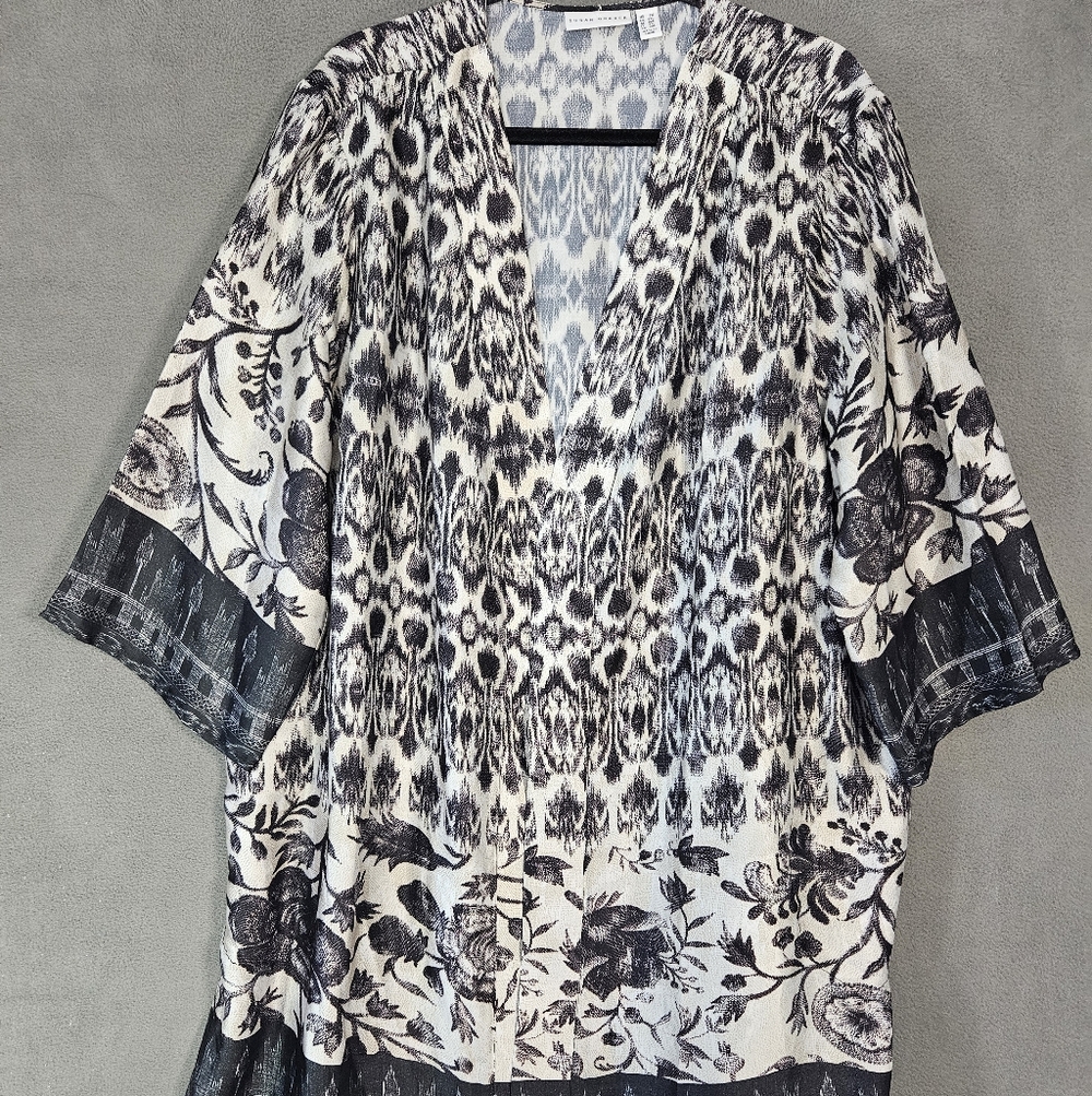 Susan Graver Womens Plus 2X Kimono Satin Brown Floral Elegant Open Front Duster